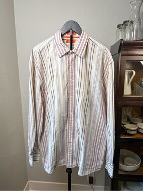Façonnable Jeans Stripe Button Down Shirt Cream Burgundy 100% Cotton Size XL